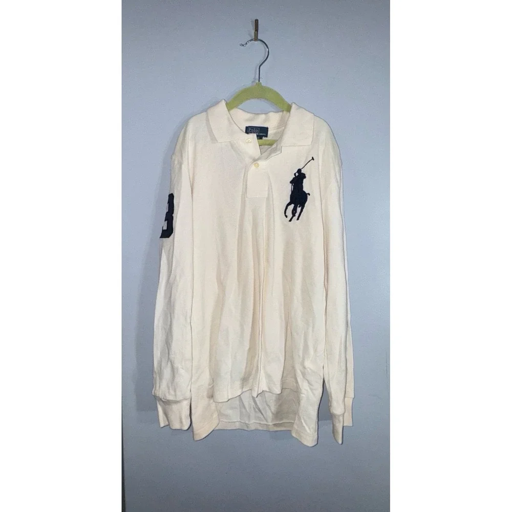 Ralph Lauren Large pony rugby polo long sleeve shirt white dark navy medium boys